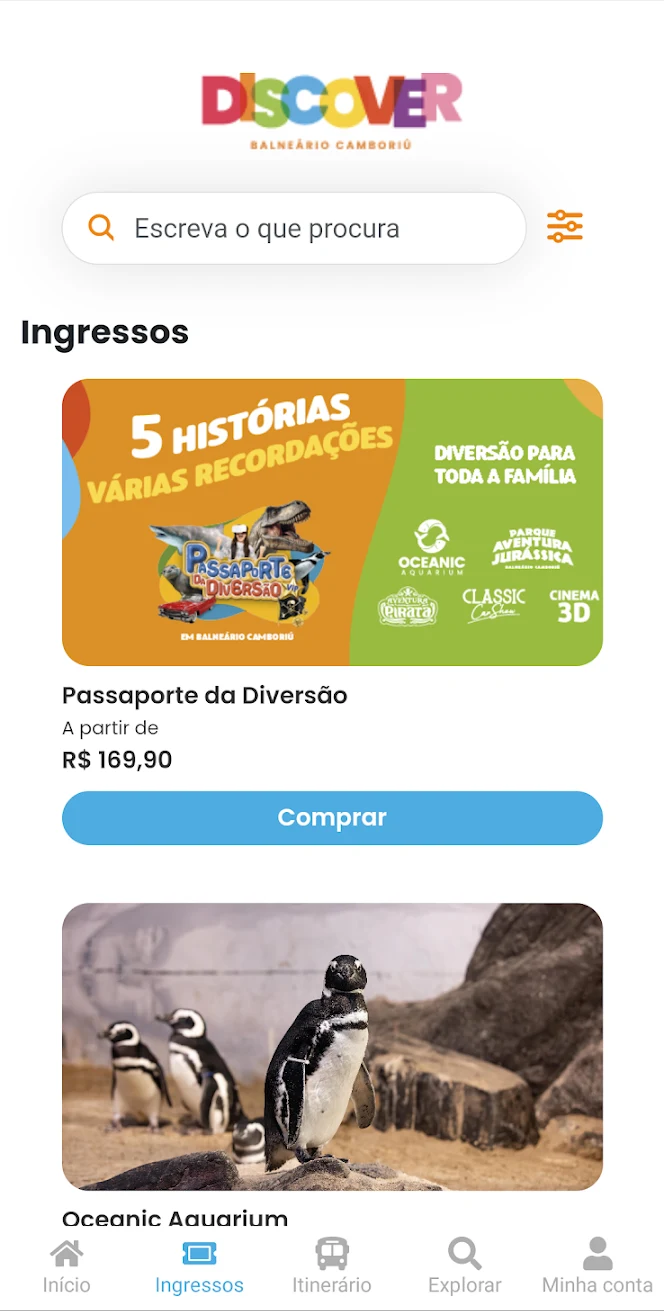 Tela de ingressos do aplicativo com o Passaporte da Diversão