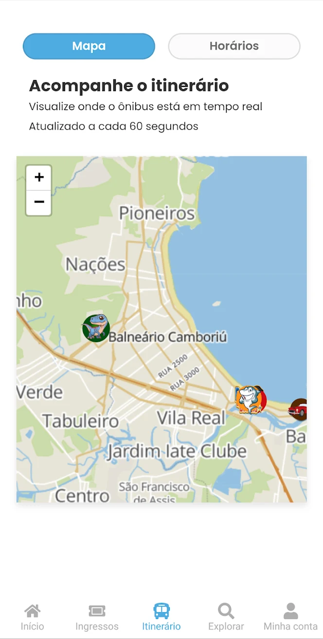 Tela de itinerário do Discover Bus, captura demonstrativa