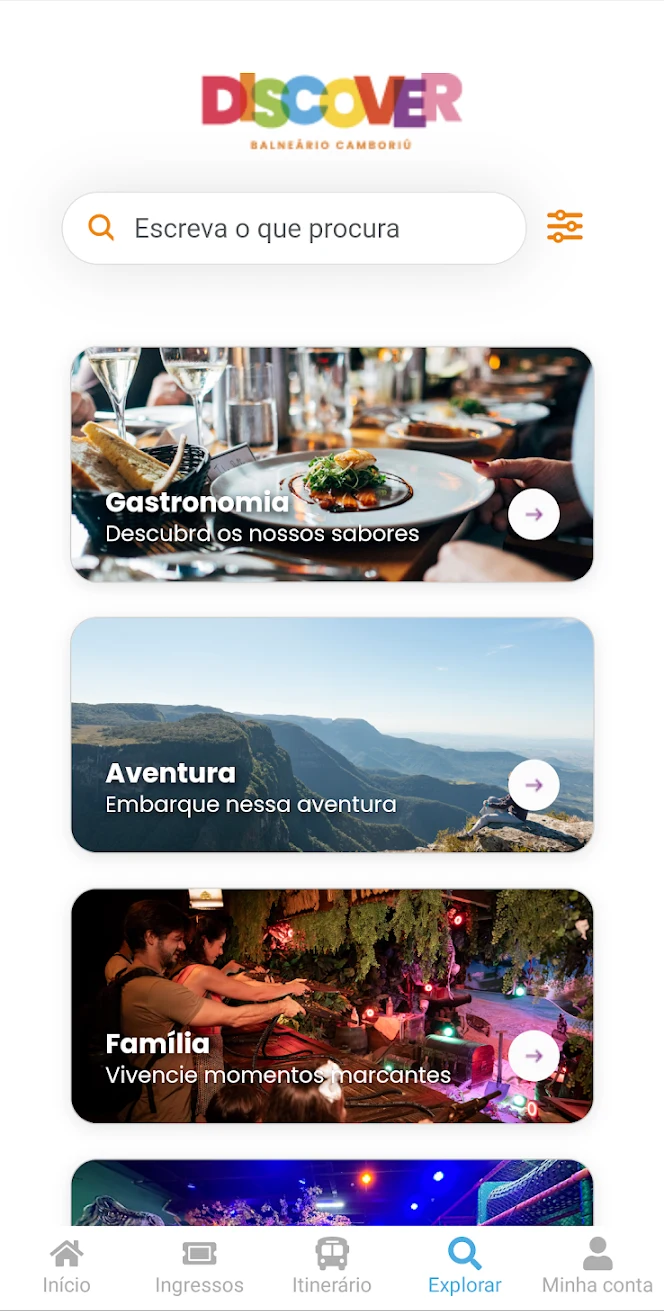 Tela Explorar com categorias
